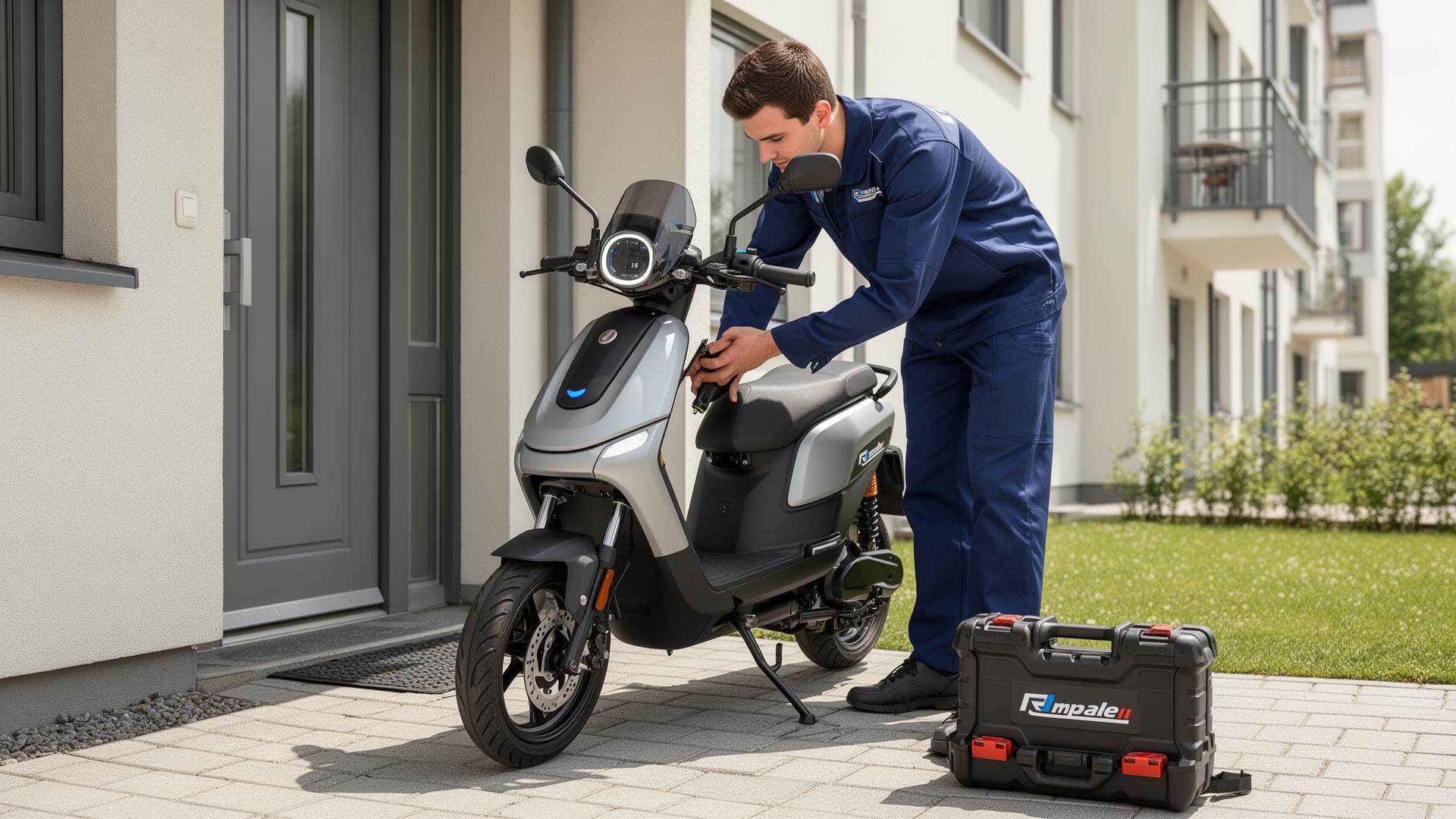 Certified ConXbyte technician servicing an electric scooter at the customer's doorstep